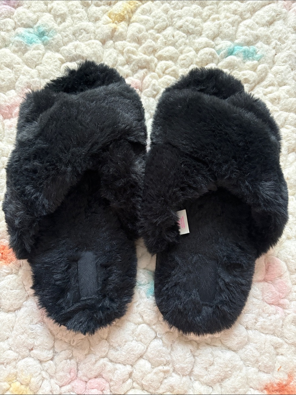 PINK Black Fuzzy Cross-Band Slippers Size M (7/8)